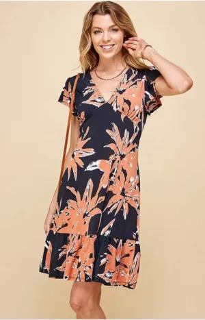 Navy/Orange Floral Ruffle Dress - #6408-6413