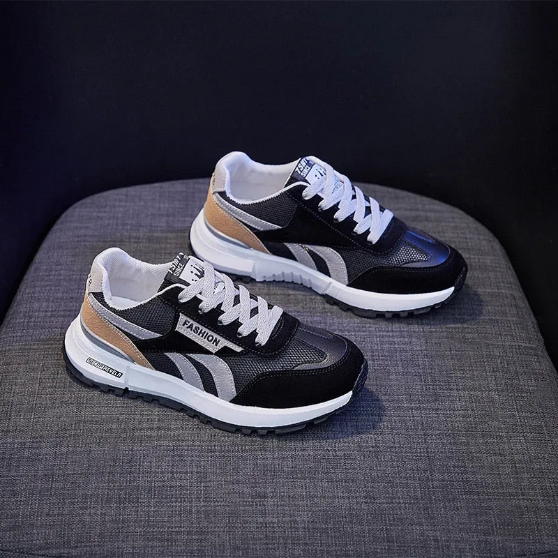 New Women Casual Sport Shoes Girl Street Leather Mesh Patchwork Stripe Comfortable Sneakers All Seasons Trainers 3 Colors