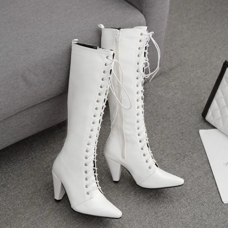 Patent Leather Chunky Heeled Thigh High Boots