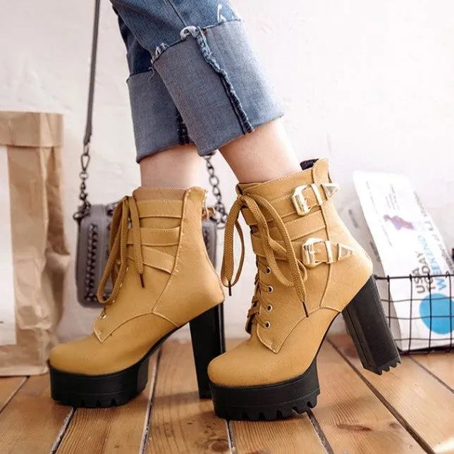 Platform chunky high heels combat boots with buckles