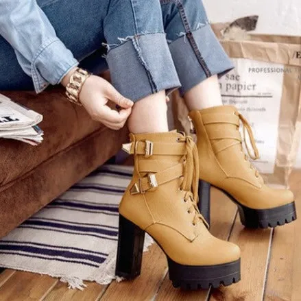 Platform chunky high heels combat boots with buckles