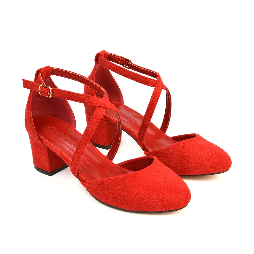 Riana Closed Toe Mid Block Heel Sandal Court Shoes in Red Faux Suede