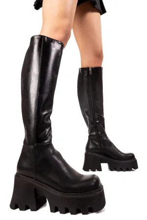 Sideways Chunky Platform Knee High Boots