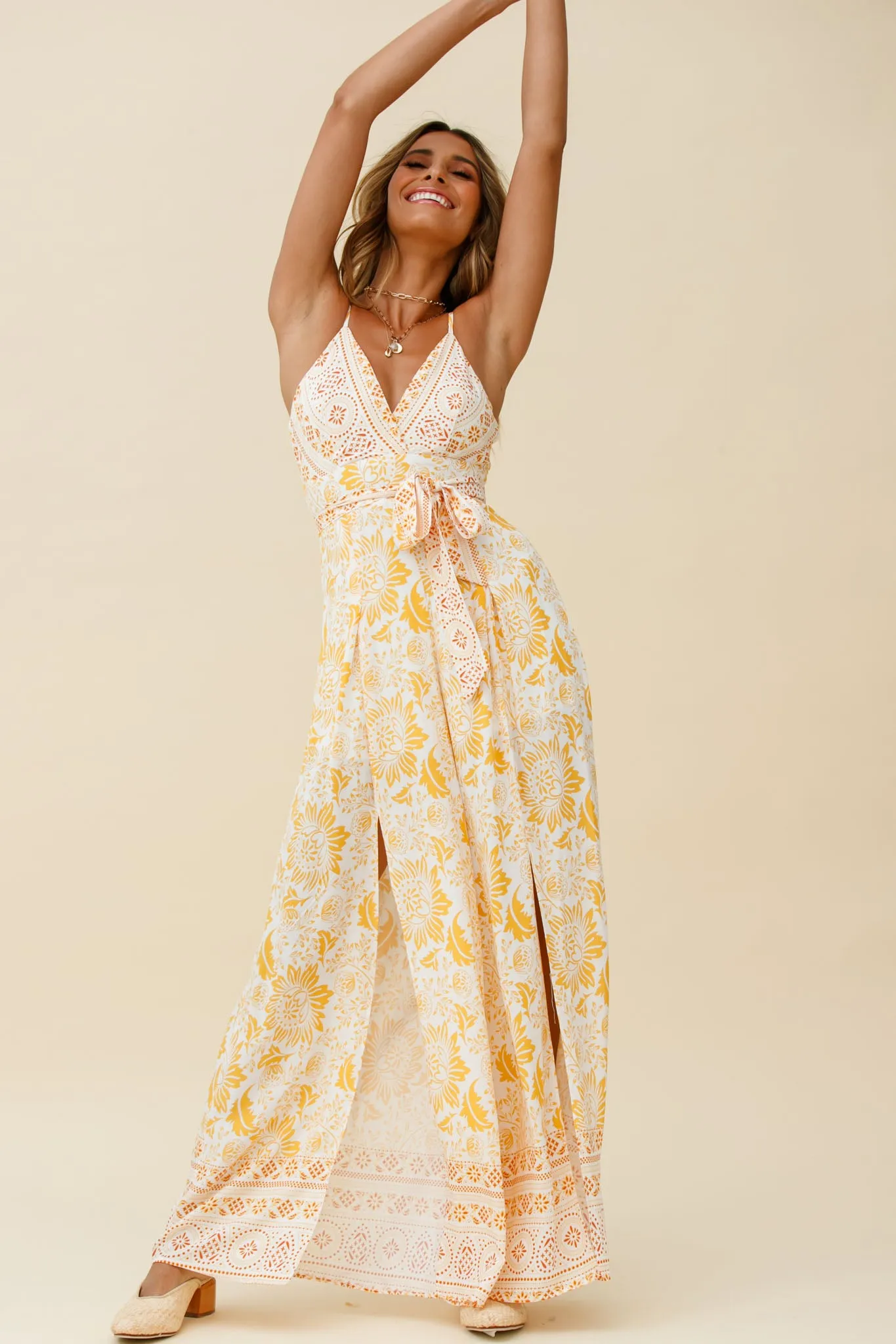 Taylor V-Neck Split Wide Leg Jumpsuit Stencil Print Yellow