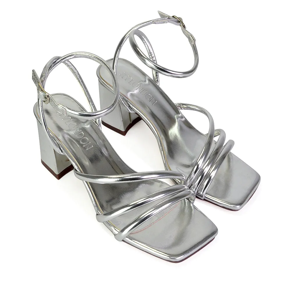 Trixie Square Toe Buckle Up Ankle Strappy Mid Block Heel Sandals in White