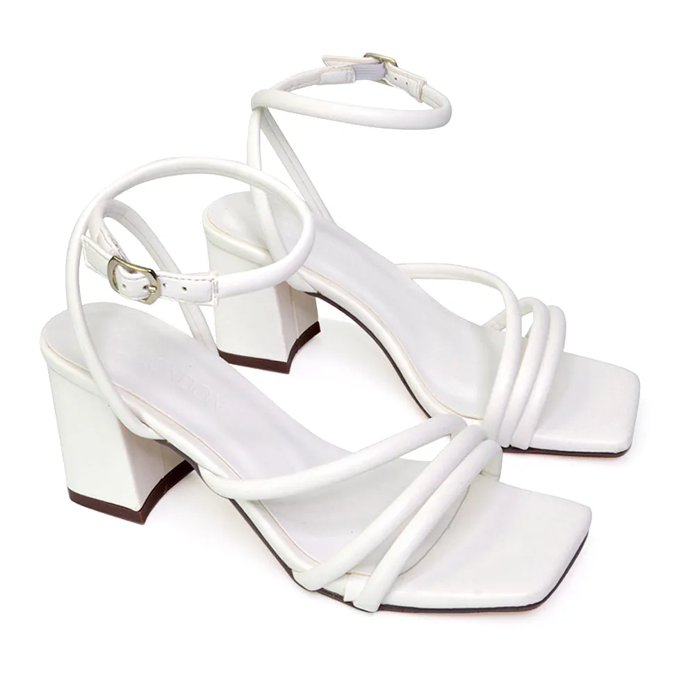 Trixie Square Toe Buckle Up Ankle Strappy Mid Block Heel Sandals in White