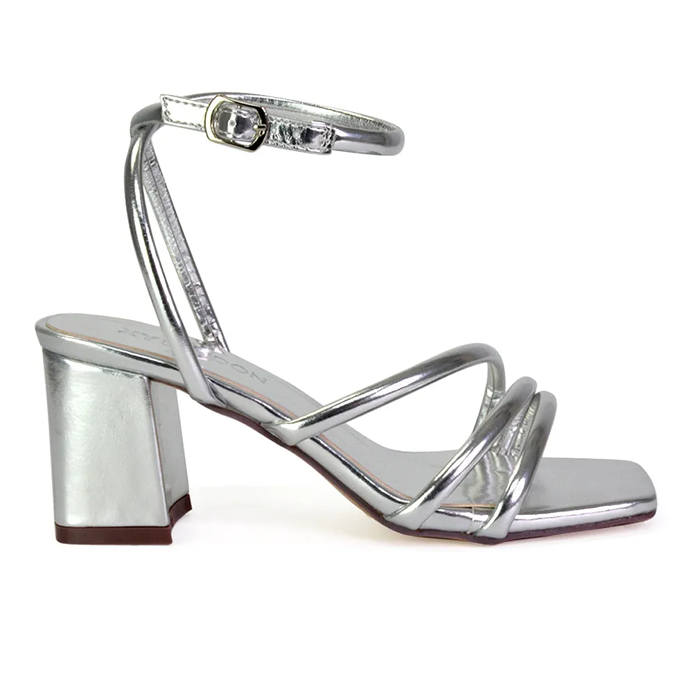 Trixie Square Toe Buckle Up Ankle Strappy Mid Block Heel Sandals in White