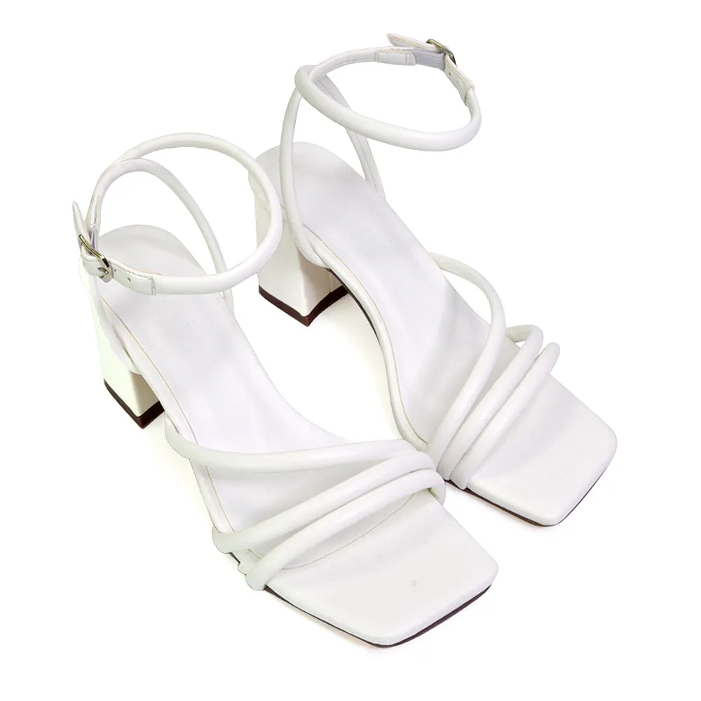 Trixie Square Toe Buckle Up Ankle Strappy Mid Block Heel Sandals in White