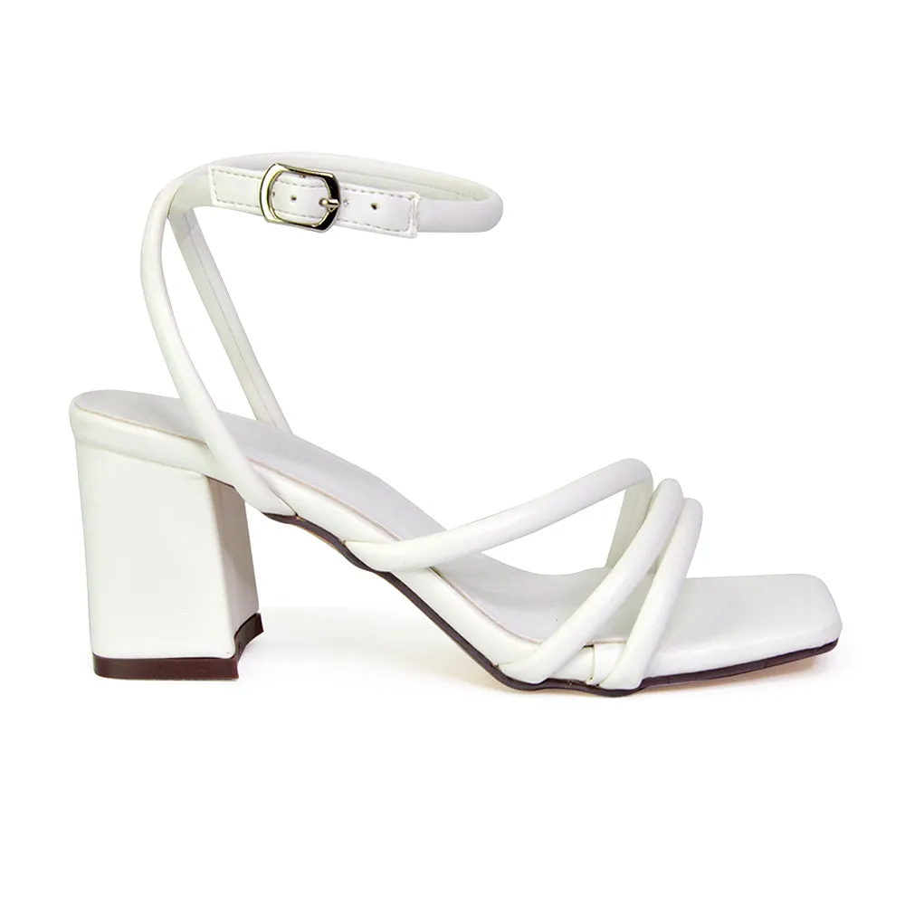 Trixie Square Toe Buckle Up Ankle Strappy Mid Block Heel Sandals in White