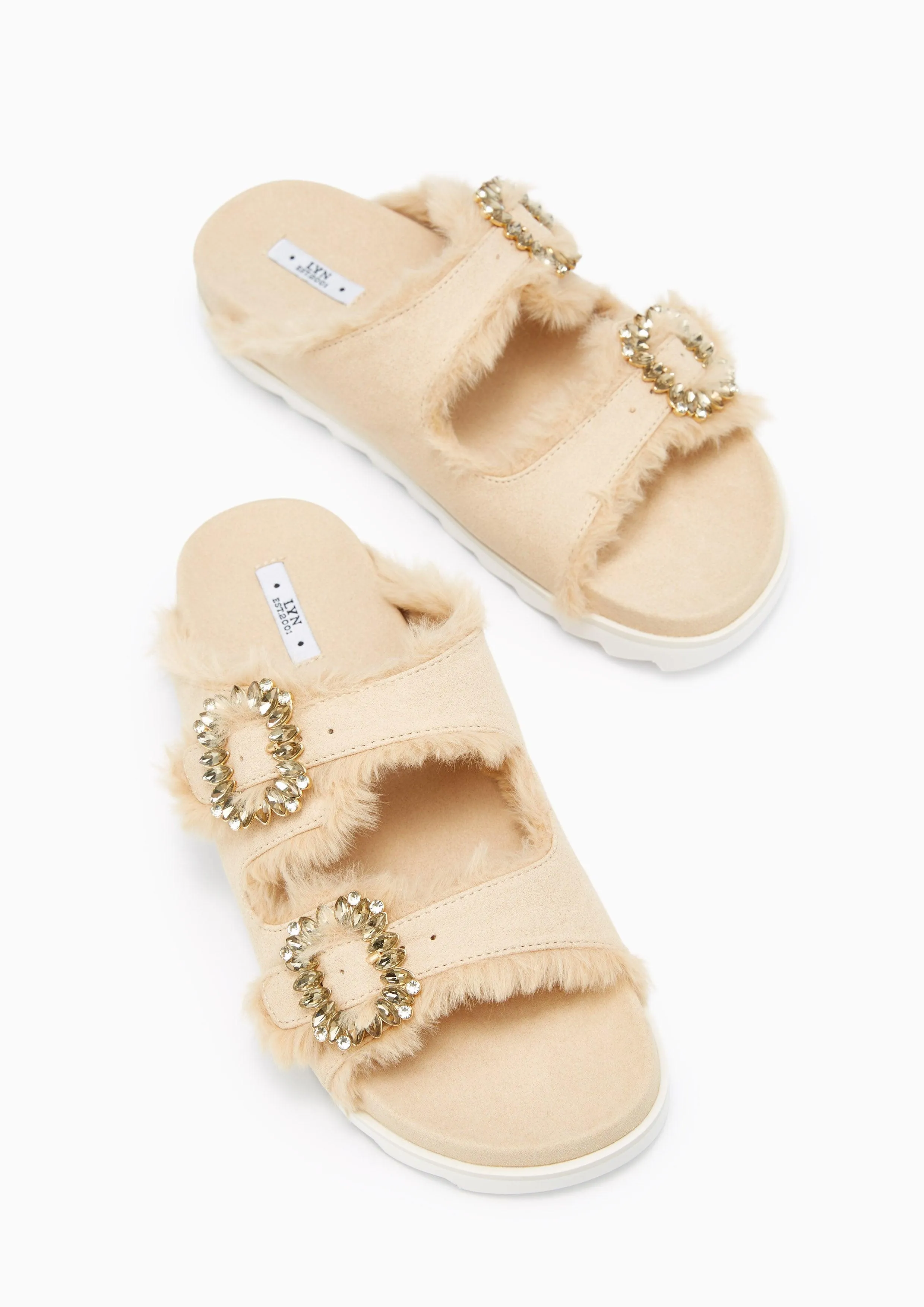 Veeni Furry Flat Sandals Beige