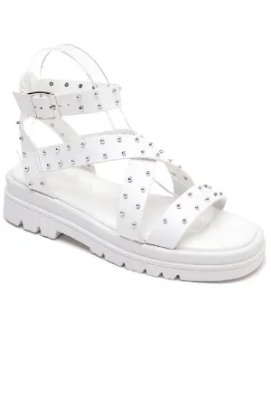 WHITE CHUNKY FLAT PLATFORM STUDDED ANKLE STRAP SUMMER SANDALS