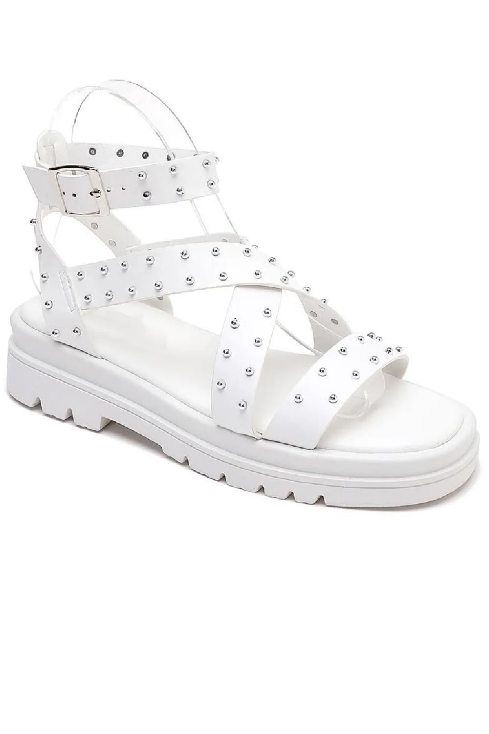 WHITE CHUNKY FLAT PLATFORM STUDDED ANKLE STRAP SUMMER SANDALS