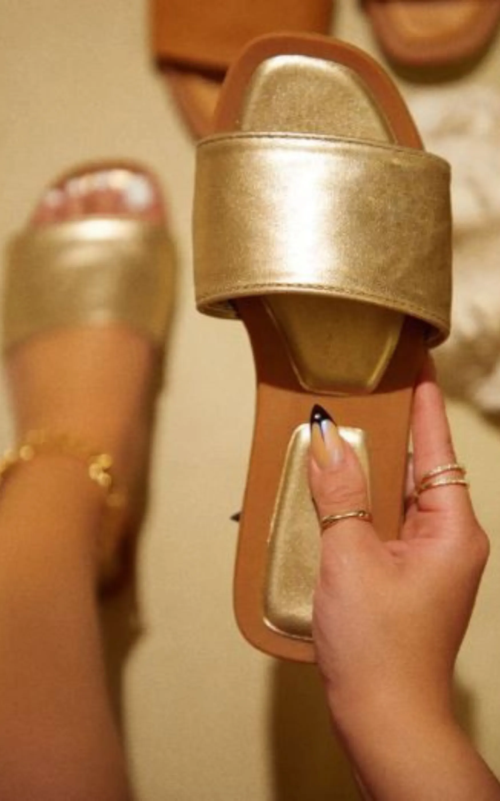 Wide Toe Band Square Slides- Gold Metallic - Final Sale