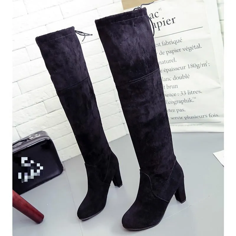 Women Solid Winter Fall Lining Cotton High Heel Chunky Platform Bowknot Fringe Over The Knee Boots