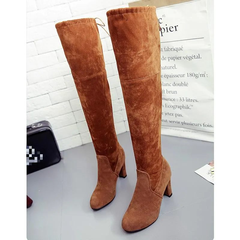 Women Solid Winter Fall Lining Cotton High Heel Chunky Platform Bowknot Fringe Over The Knee Boots