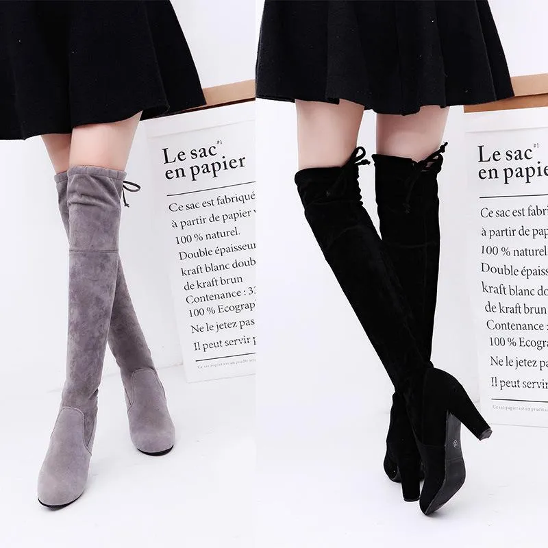 Women Solid Winter Fall Lining Cotton High Heel Chunky Platform Bowknot Fringe Over The Knee Boots