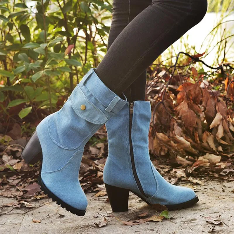 Women's mid calf denim boots high heeled zipper boots