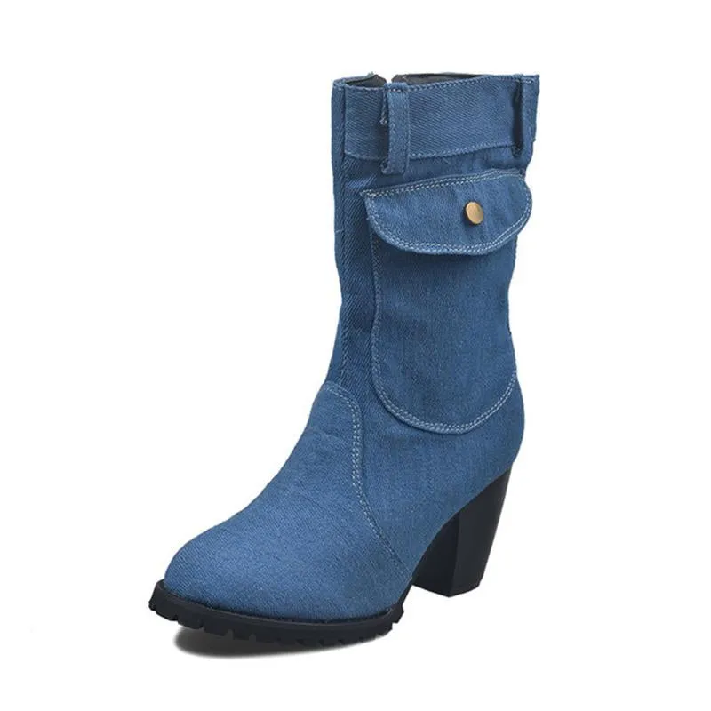 Women's mid calf denim boots high heeled zipper boots