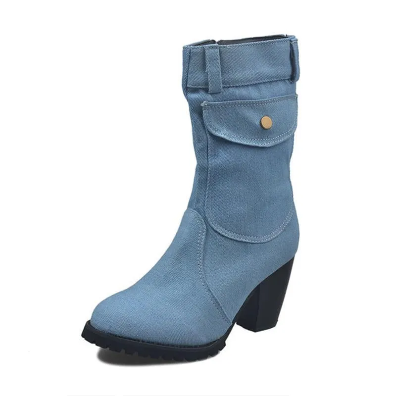 Women's mid calf denim boots high heeled zipper boots