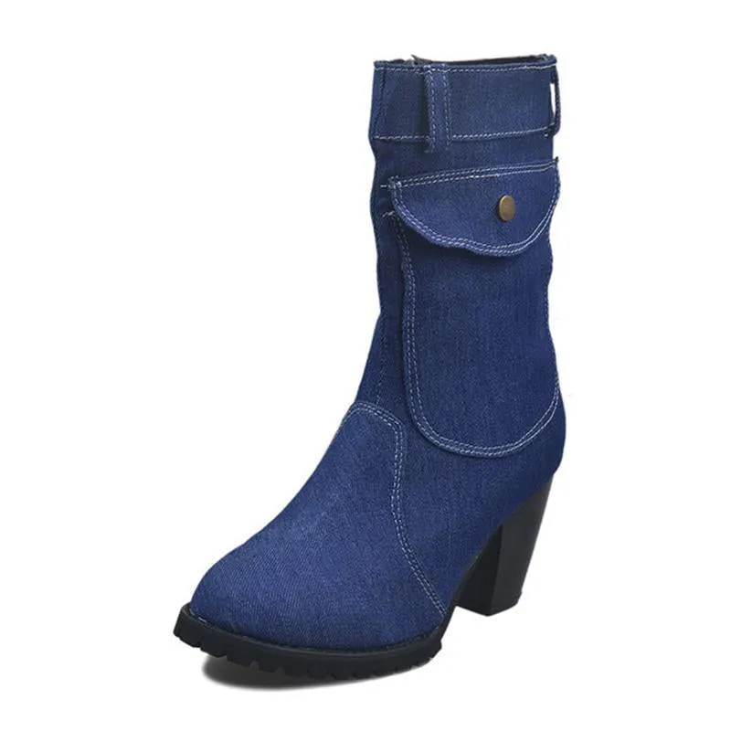 Women's mid calf denim boots high heeled zipper boots