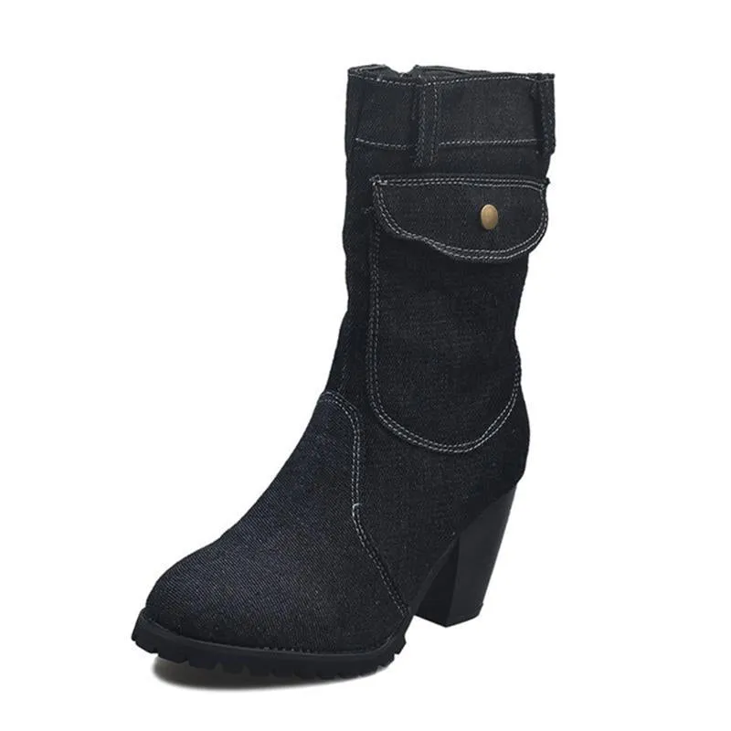 Women's mid calf denim boots high heeled zipper boots