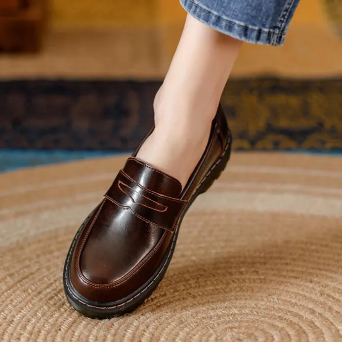 Womens Round Toe Leather Casual Style Loafers