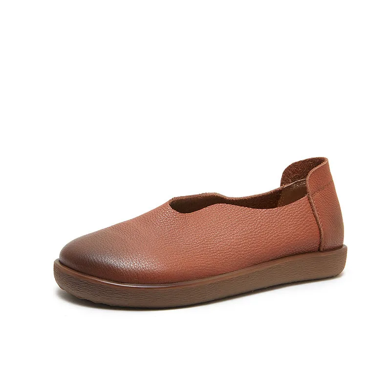 Womens Round Toe Soft Leather Slip-On Loafers