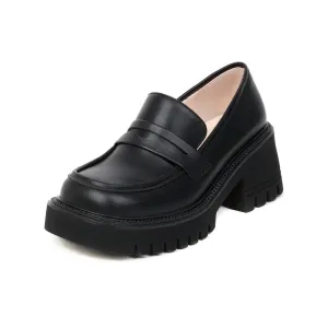 Women's Square Toe Shallow Block Chunky Heel Platform Slip-On Loafers