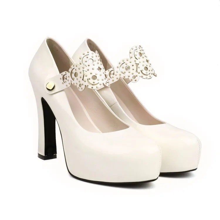 Women's Studded Chunky Heel Mary Jane Platform Pumps