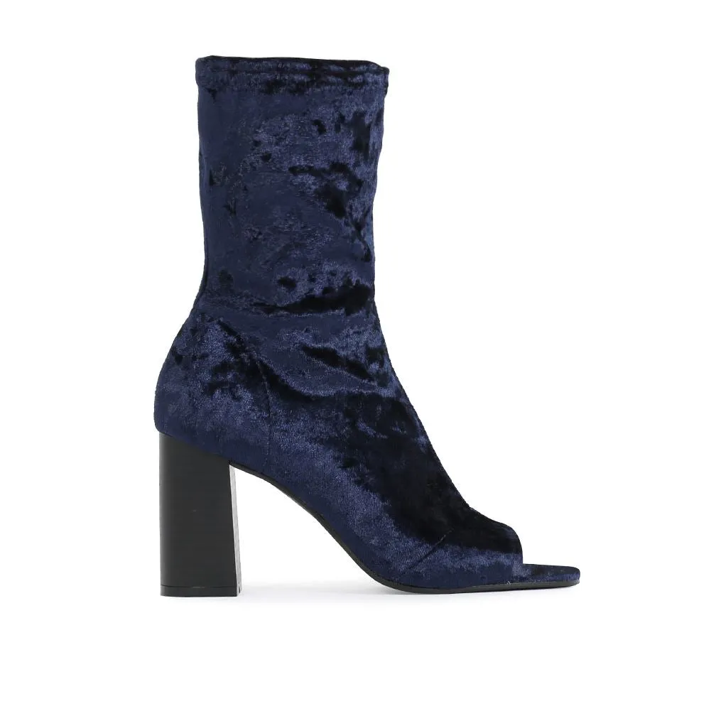 Yasmin Peeptoe Sock Fit Ankle Boots in Navy Velvet