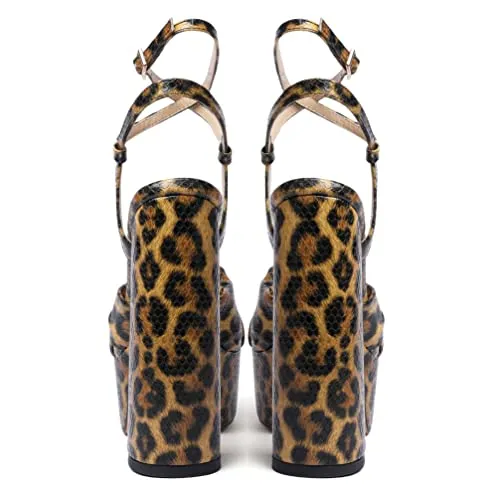 YODEKS Chunky Platform Sandals for Women Ankle Strap Open Toe Bowknot Heeled Wedding Sandals for Bridal Leopard US 15